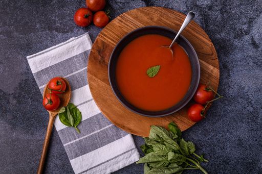 A top view of a tomato soup
