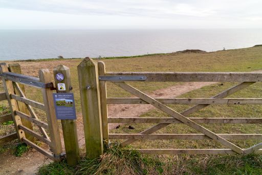 A scenic view of the wooden fence on White Cliffs Dover against the seascape in Kent, UK