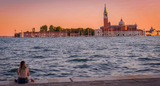 A photo of the church of San Giorgio Maggiore at sunset, Venice, Italy