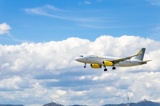 A landing airplane at the Josep Tarradellas airport in Barcelona