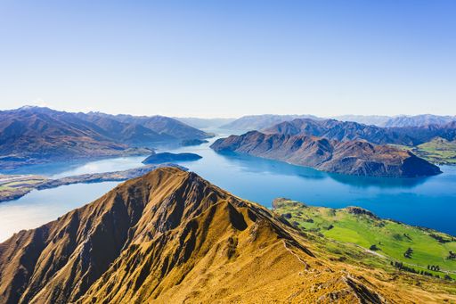 The aerial drone shot of beautiful Roys Peak view, Wanaka, New Zealand
