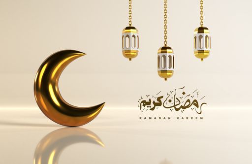 A 3D render of an Islamic Ramadan Kareem greeting card with gold decorations