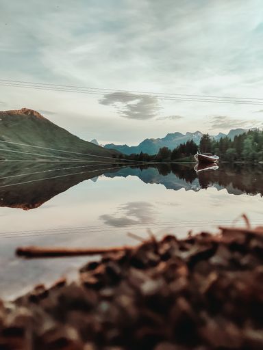 A vertical shot of a forest trees and mountains reflecting on a calm lake water on cloudy day