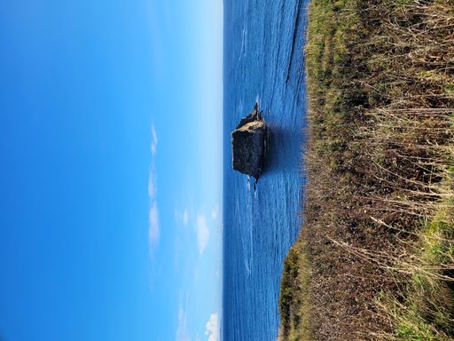 A beautiful view of the Little Clett rock stack against blue sky on a sunny day seen from the roadside at Brough, Scotland