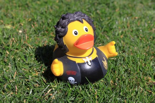 A funny yellow rubber duck on green grass in the park on a sunny day