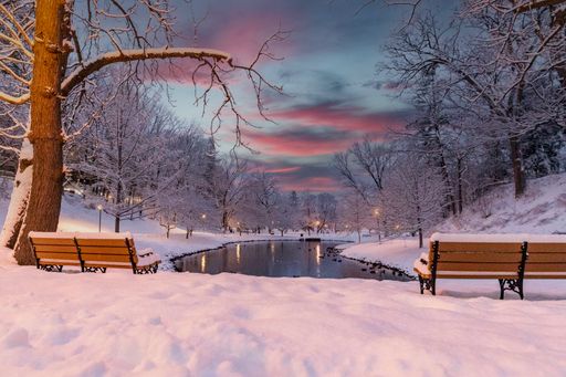 A beautiful view of a snowy park with a river, trees, and wooden benches