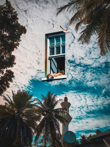 A vertical shot of a person reading a book with legs crossed coming out of an opened window of a wall with a cloud filter.