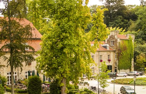 A horizontal shot of houses with red rooftops surrounded by beautiful green trees during daytime