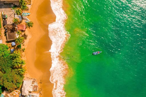 An aerial overhead shot of a tropical coast with boats and palm trees near the Caribbean sea