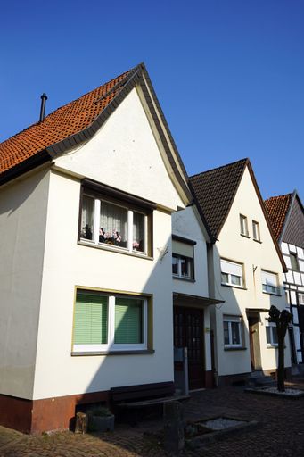 A vertical perspective shot of residential buildings with tall roofs.