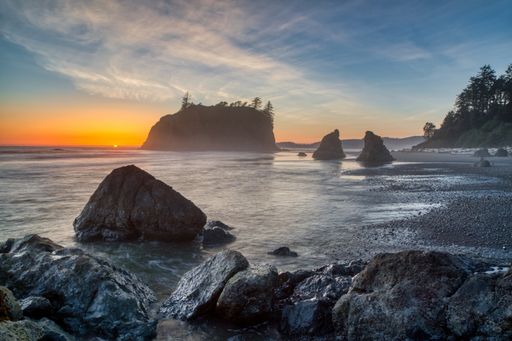 A beautiful view of the sunset from the foggy Ruby beach, Washington