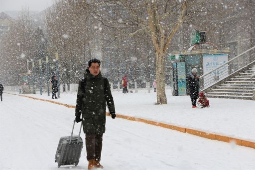A beautiful shot of a Chinese adult man walking with his trolley bag on a snowy road while snowing during daytime in Beijing, China