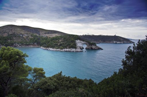 A landscape of the hills covered in greenery surrounded by the sea under a cloudy sky