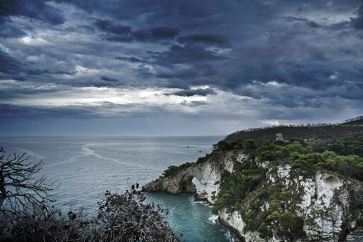 The cliffs covered in greenery surrounded by the sea under a stormy sky