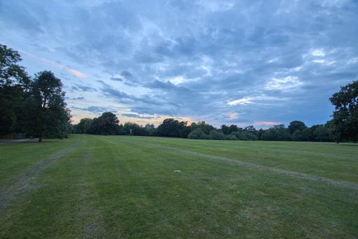 The green landscape surrounded by trees under the clouded sky