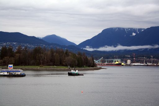 A tug boat and container ship in Vancouver Harbour, British Columbia, Canada