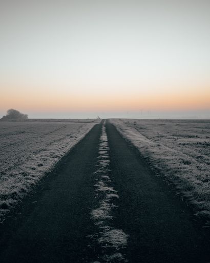 A vertical shot of a road in the middle of a snowy field during a sunset