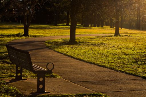 A beautiful shot of the park with paths and benches during sunset in Australia