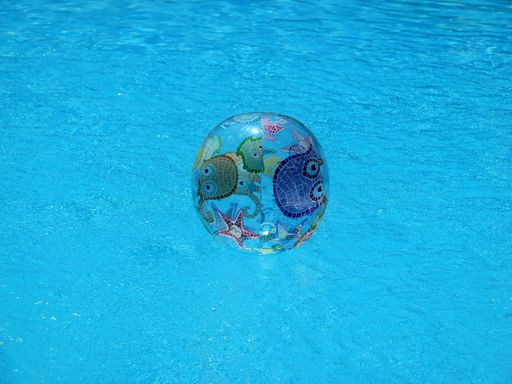 A horizontal shot of a beach ball with starfish and medusa on a swimming pool background