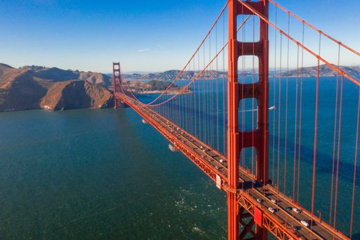 An aerial shot of the Golden Gate Bridge in San Francisco in the United States of America