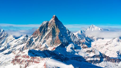 An aerial view of the sharp peak of the Matterhorn mountain in Switzerland