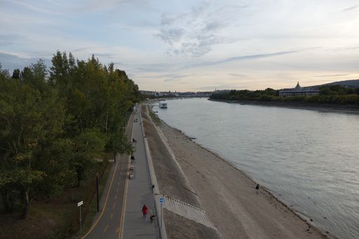 The high angle shot of the people walking along the quay.