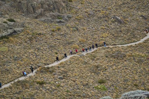A group of hikers walking along a narrow hill path