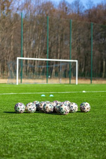 Vertical shot of a  Soccer ball on football field