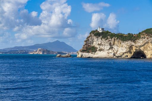 A beautiful view from Capo Miseno and its lighthouse that marks the northwestern limit of the Gulf of Naples, Italy