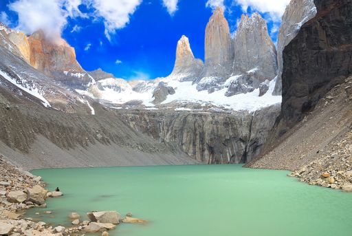 The contemplation from the turquoise lake at the foot of the Torres del Paine peaks