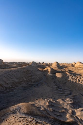 A vertical shot of a desert full of yardangs in daylight under the clear sky