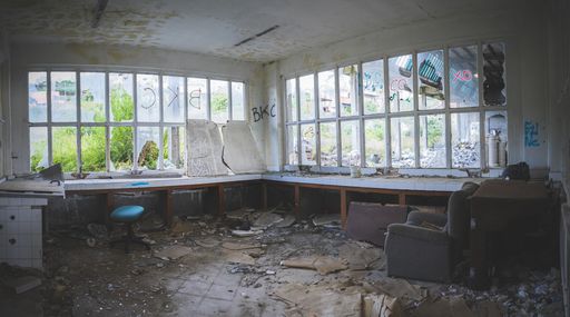 The living room of a ruined abandoned house