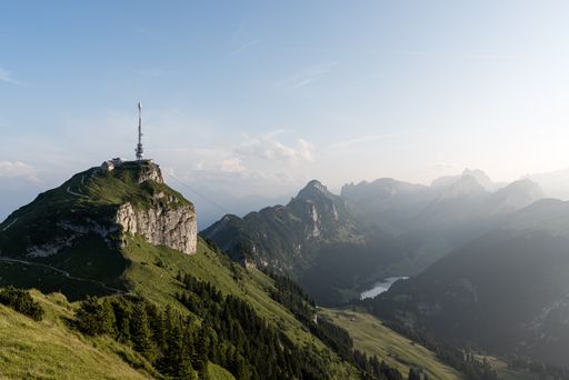 A panoramic view of green mountains in Switzerland