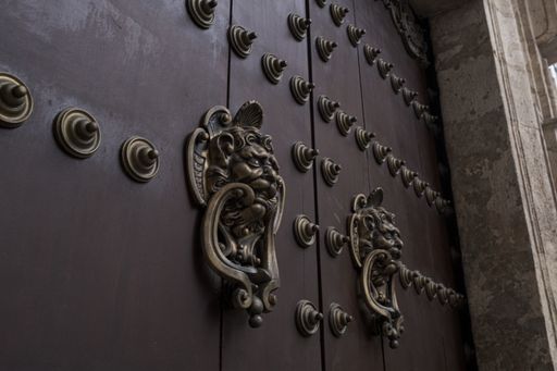 A closeup shot of a metal gate with lion sculpture figurines