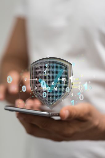 A person presenting a 3D render of cybersecurity and information or network protection icons