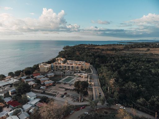 An aerial cityscape view of forest trees, houses by the water sea with cloudy blue sky on the horizon
