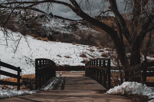 A beautiful shot of a walking wooden bridge with snow ground and trees in the park