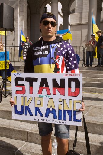 Demonstrator in front of Los Angeles City Hall  protesting Russia's War with Ukraine
