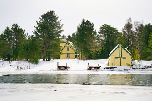 A winter landscape of Mendota Lighthouse on Lake Superior in the Upper Peninsula of Michigan