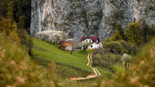 The beautiful countryside landscape with small cottages against a cliff surrounded by green vegetation.