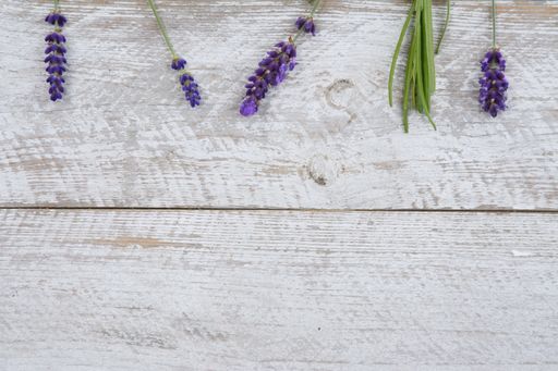 An overhead shot of the beautiful Lavender flowers isolated on a wooden surface