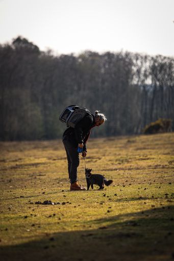 A vertical shot of a man walking in nature with his cat