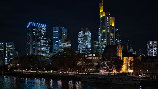 The buildings of Frankfurt on the bay of Main in Germany at night