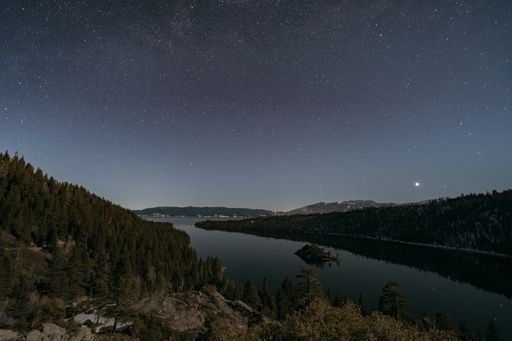 A beautiful view of a river surrounded by spruces under a starry sky.