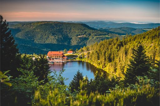 A breathtaking view of a building on the Mummelsee lake surrounded by lush greenery in Germany