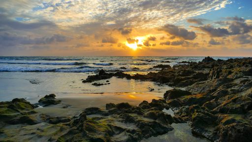 A scenic shot of the Atlantic Ocean from Grand Canary Island, Spain, on a sunset
