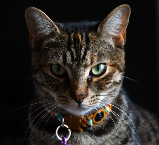 A split lighting portrait of a tabby cat fiercely staring into the camera lens