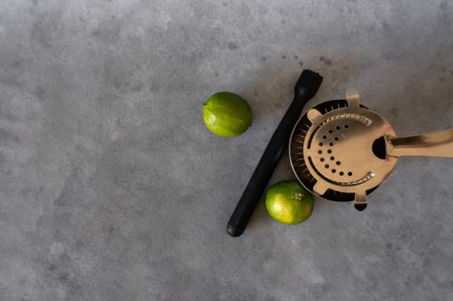 Composition with cocktail elements to prepare drinks. Top view. 