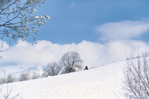 A scenic shot of the sunrise in the snowy mountains of Switzerland and a hut on it
