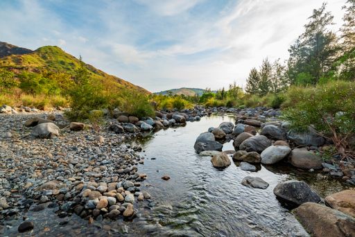 A scenic view of the river flowing through its rocky banks surrounded by green hills and trees on a sunny day